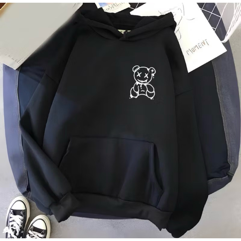 Blusa Moletom Capuz Canguru Algodão Estampado Casual Unissex Promoção Quentinho Frio Bege Urso