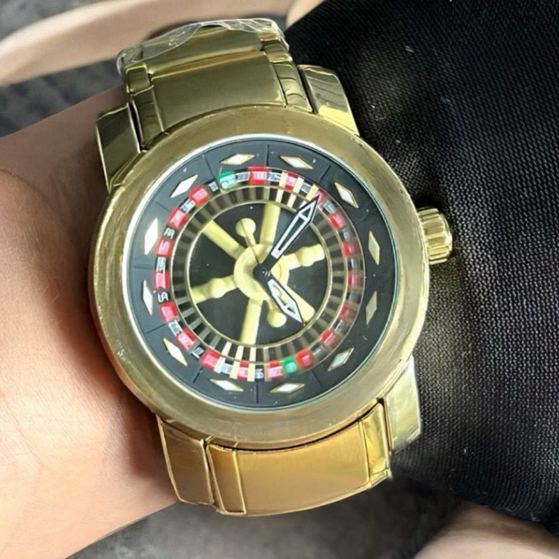 Relógio Masculino Roleta Girátoria Cassino Dourado Folheado Inoxidável Com Caixinha