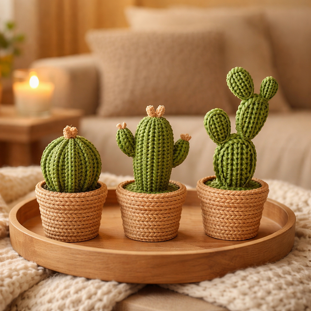 Kit 3 Cactos Decorativos Tricô 3D com Vaso | Decoração para Sala Minimalista Escritório