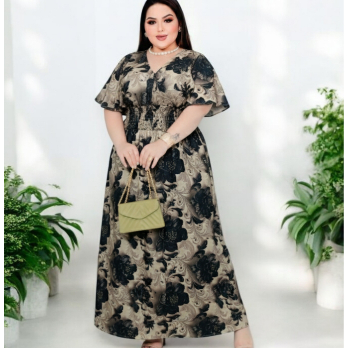 Vestido Longo Plus Size Estampa Floral Manga Morcego Decote V Cintura Ajustável do G1 ao G3