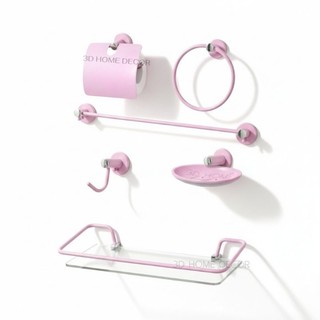 Kit De Acessórios P/ Banheiro Cor Rosa Papeleira INOX Porta Shampoo Reto 6 Peças