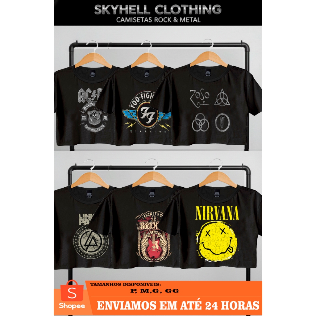 Cropped Rock Feminino Bandas Nirvana AC/DC Linkin Park led zeppelin foo fighters 100% algodão