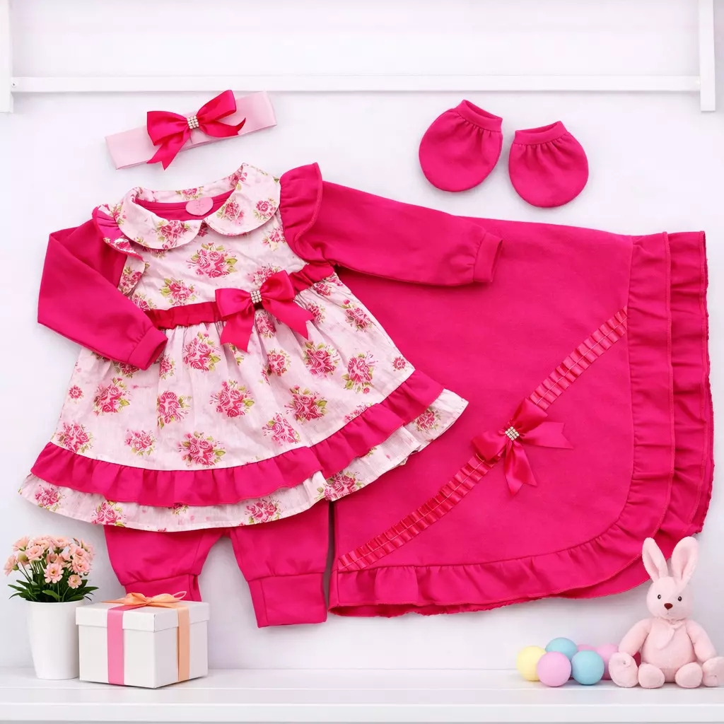 Saída de Maternidade Rosa Floral Bebê Menina Macacão Manta Presente Enxoval Infantil