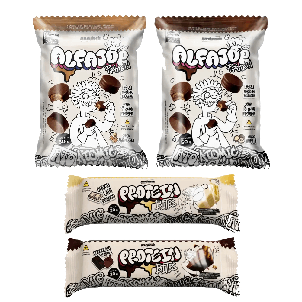 kit degustação 4 Snacks proteicos Atomic Labs = 2 Alfajor Protein + 2 Protein Bites - Snacks Proteicos Zero Adição de aç em Oferta na Shopee