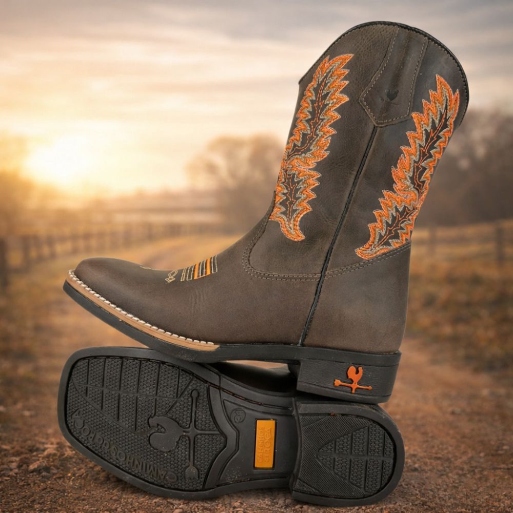 Bota De Couro Texana Juvenil Caminhos Da Roça Bico Quadrado Com Zíper Country