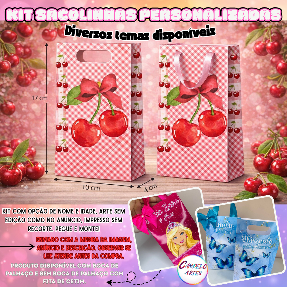 10 Sacolinhas Personalizadas 17x10x4 • Lembrancinha Festa Infantil • Tema: CEREJINHA