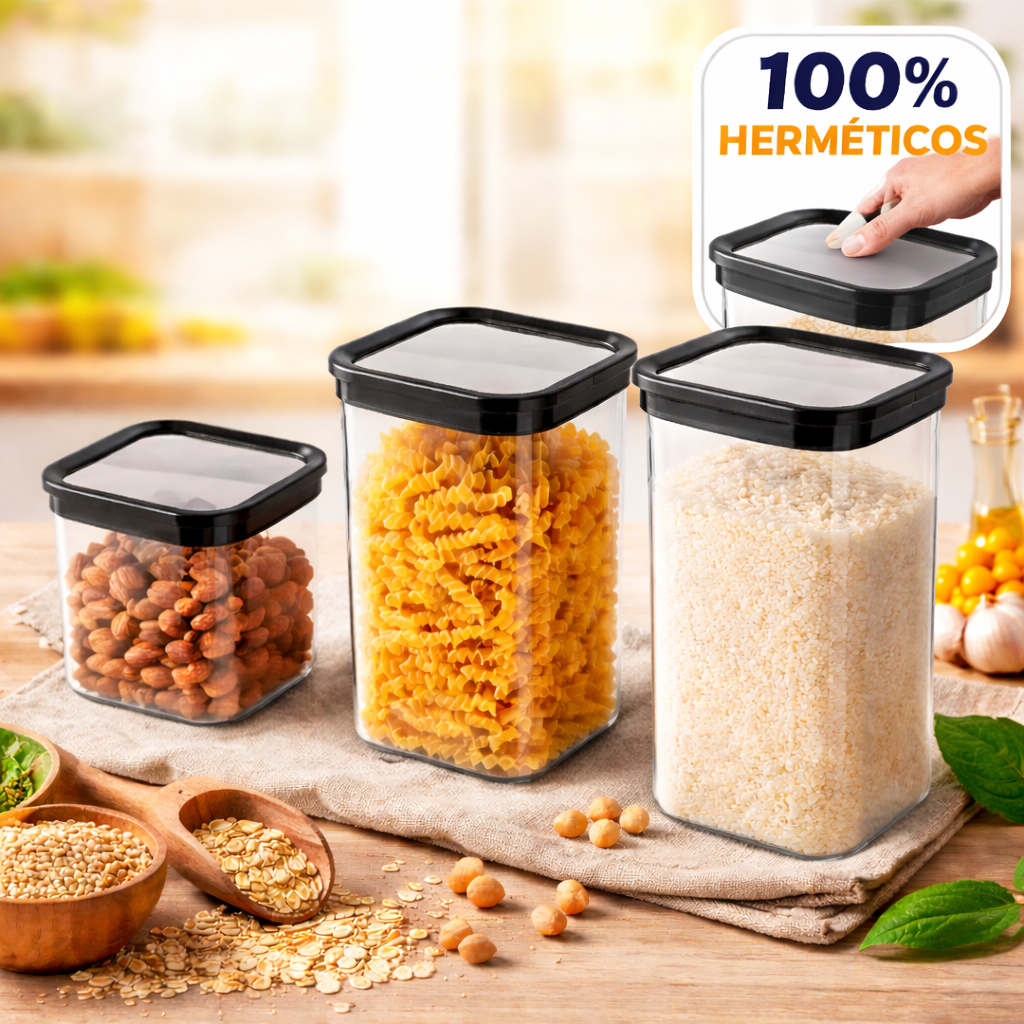 Conjunto 3 Potes Herméticos Empilháveis BPA Free .Porta Mantimentos conjunto com 3 potes de armazen