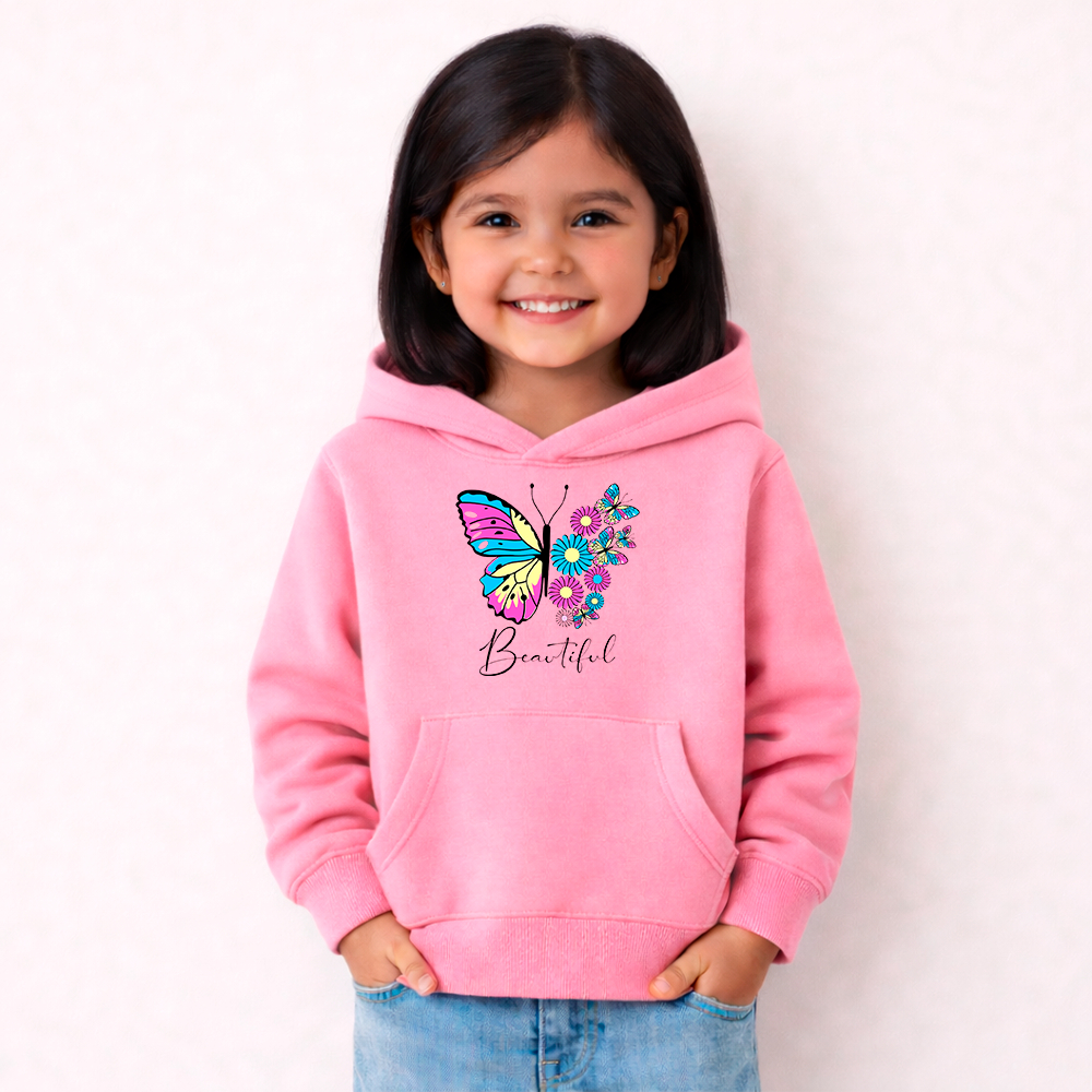 Moletom Infantil Rosa Borboleta Estampado Blusa Frio Feminino Com Capuz Canguru Flanelado