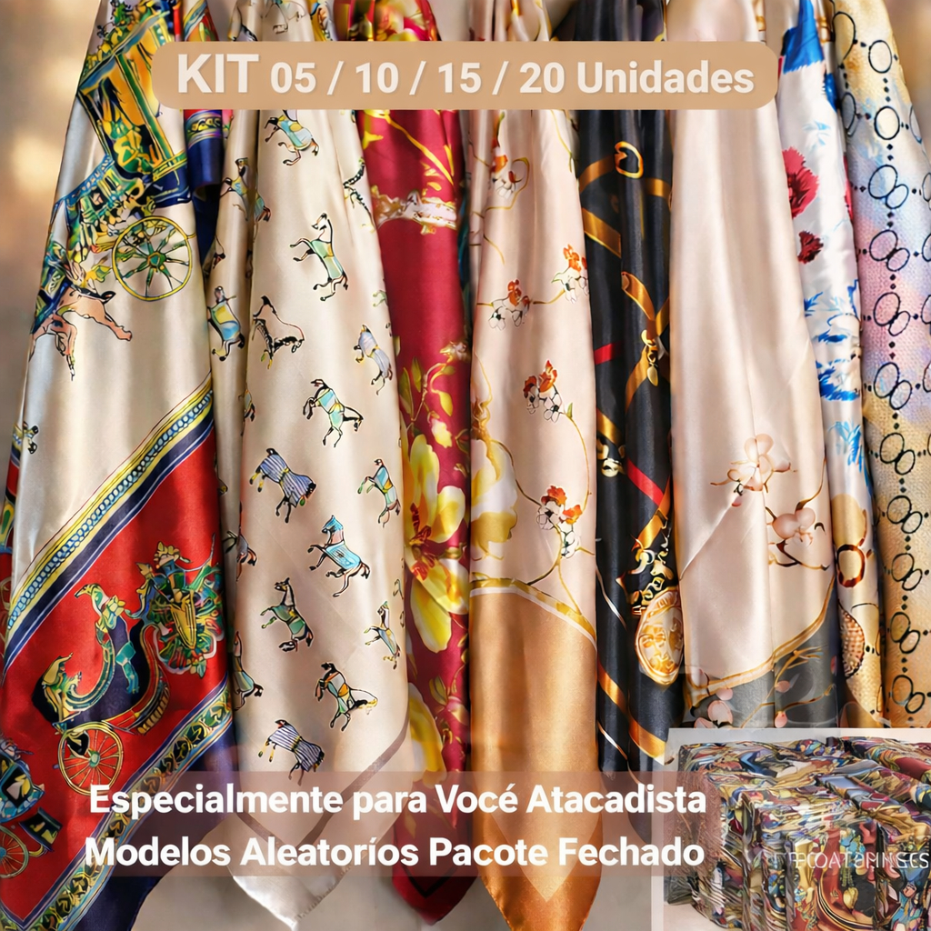 Kit Lenços de Cetim FEMININO 90x90 Atacado 5/10/15/20 Unidades – Modelos Aleatórios Pacote Fechado | Estoque Disponível em Oferta na Shopee
