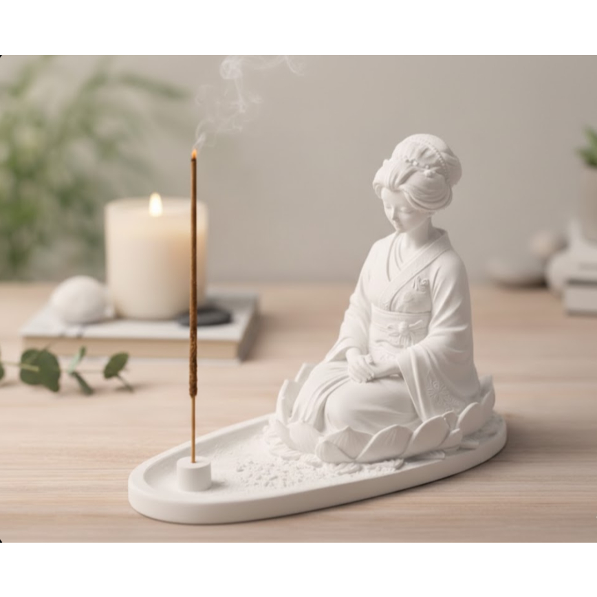 Imagem Porta Incenso Gueixa e Flor de Lótus - Estátua Decorativa Zen 3D