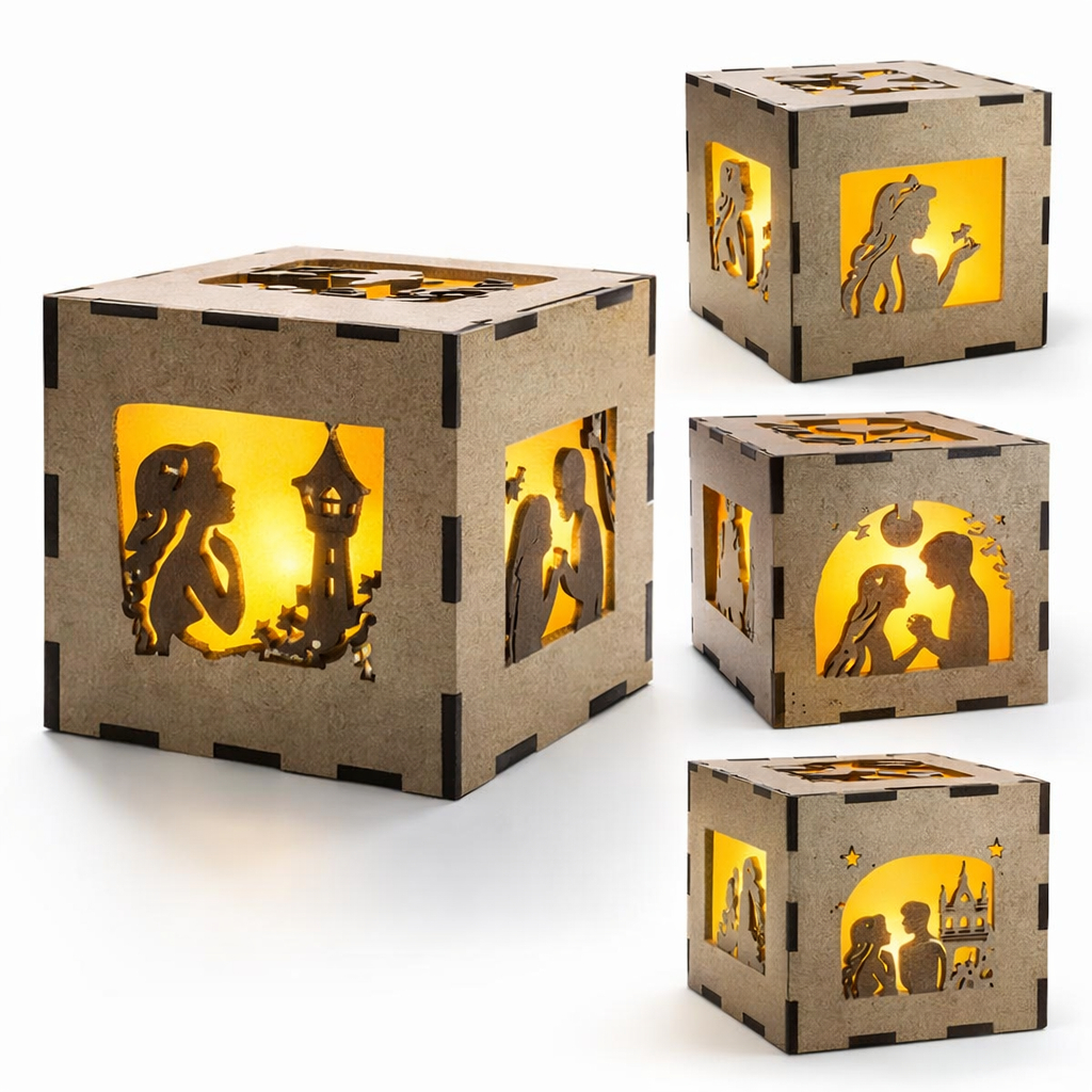 Abajur Luminaria Rapunzel em MDF Cubo Decorativo Led Luz Quente Para Quarto