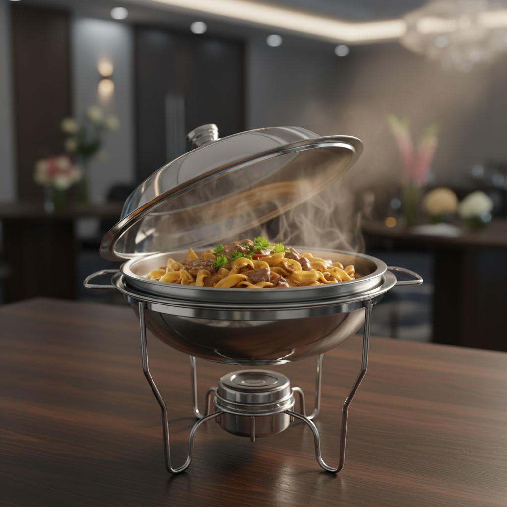 Rechaud Redondo Aço Inox Buffet Banho Maria Suporte Tampa Vidro Com duas Cubas 5,5 Litros