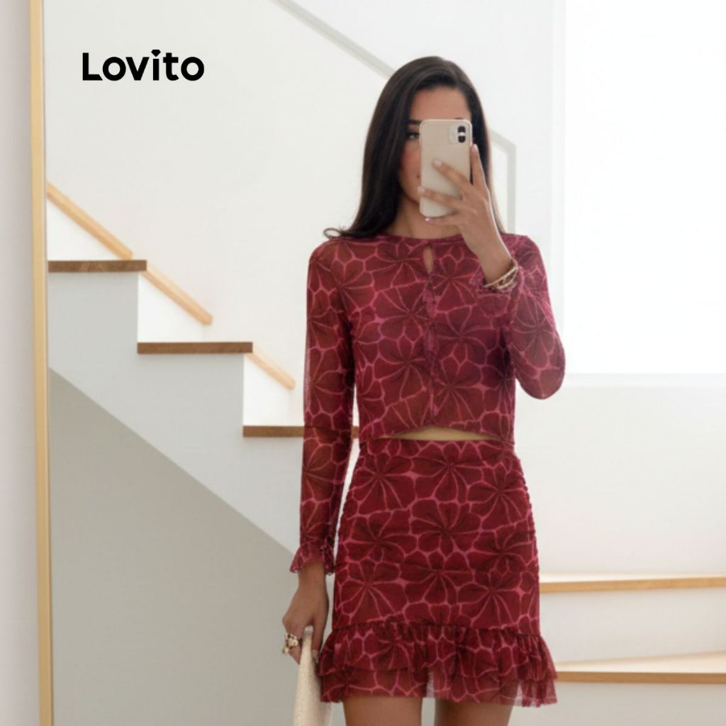 Lovito Bossa l Blusa Cropped Feminina em Tule, Estampa Floral Com Recortes Centralizados BLB1575 em Oferta na Shopee