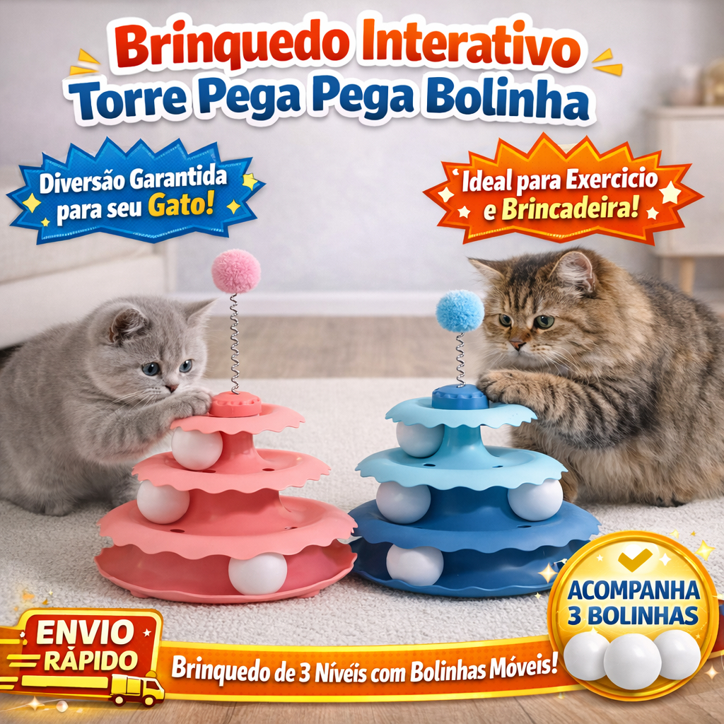 Torre Pega Pega Bolinha para Gatos Brinquedo Interativo 3 Andares Bolinhas Móveis Antiestresse Pet