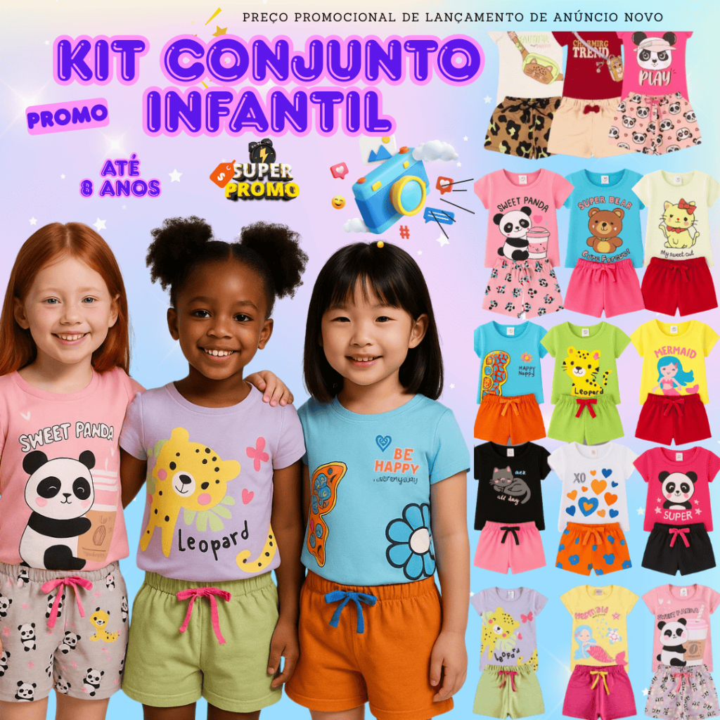 Kit 8/10/12 Conjunto Infantil Menina Look Estiloso Bebê Algodão Roupa Moda Criança Verão em Oferta na Shopee