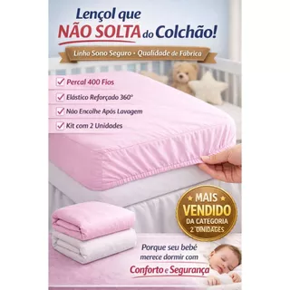 Kit 2 Lençol de Berço Americano 130x70 cm Percal 400 Fios com Elástico Infantil Antialérgico