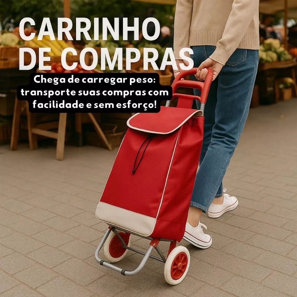 Carrinho De Compra Feira Supermercado Compras Dobrável Com 2 Rodas Reforçado Até 30 Kg Com Bolsa E Rodas Grandes