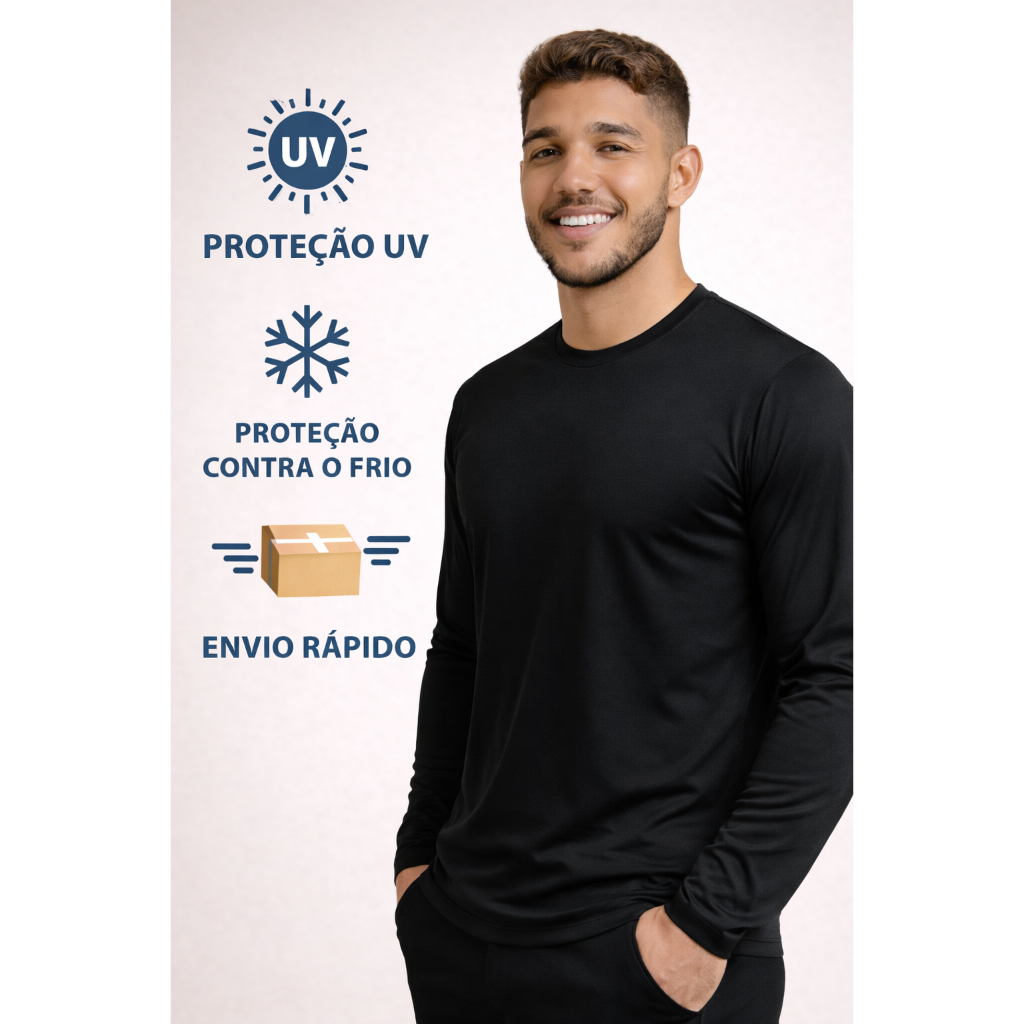 Camisa Térmica Esportiva Masculina Manga Longa – Proteção UV, Segunda Pele, Anti Frio, Academia, Corrida e Pesca