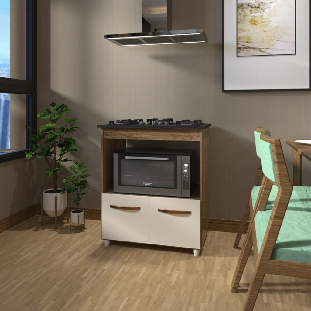 Balcão Armário Fogão Cooktop 5 Bocas e Forno Elétrico Cozinha Evelyn Mobília Decor Savana Off White