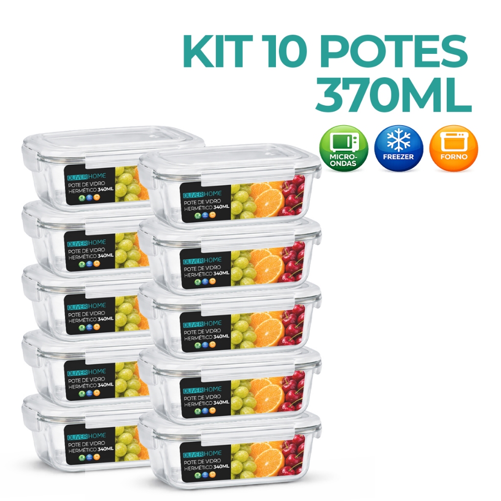 Kit 3/5/ 10 Potes Vidro 370ml Marmita Fitness Tampa Hermética 4 Travas