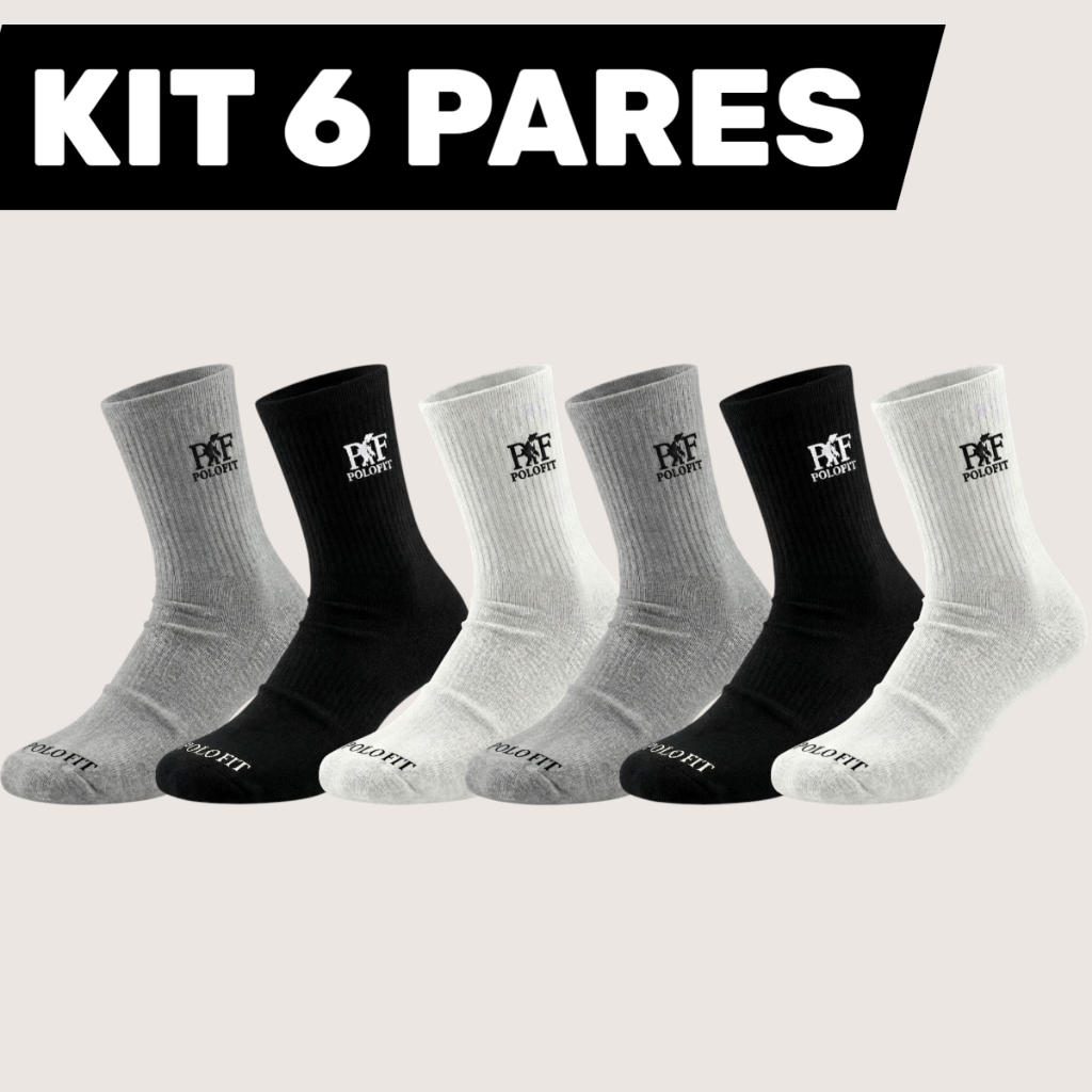 Kit 6 Pares Meia Cano Médio Alto Masculina Algodão Esportiva Atoalhada Unissex Polo Fit