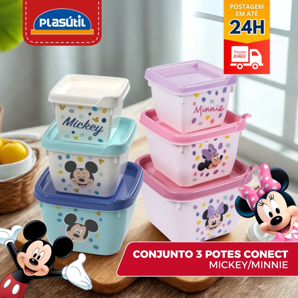 Conjunto Kit 3 Potes minnie e mickey C/ Tampa Infantil Marmitas Lanches Disney Potinhos Frutas Lancheira Plasutil