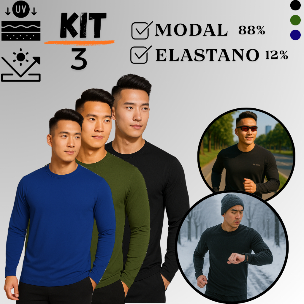 kit 3 blusa de frio masculina Modal camiseta manga longa Dia a Dia Academia Regulação Térmica UV50+ em Oferta na Shopee