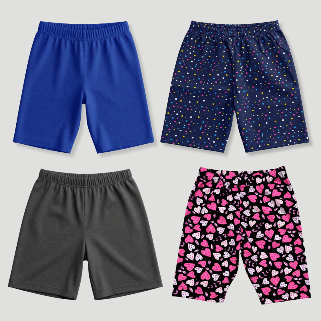 Kit 4 Shorts Ciclista Infantil Feminino Bermuda Menina Algodão Estampas Sortidas Moda Juvenil Casual