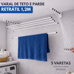 Varal de Teto Ou Parede 120cm Retrátil Em Aço Reforçado 5 Varetas Apartamento Maxeb Envio Imediato