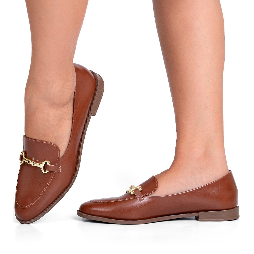 Mocassim Feminino Lumiss Bico Redondo Confortável Enfeite Metalizado Caramelo