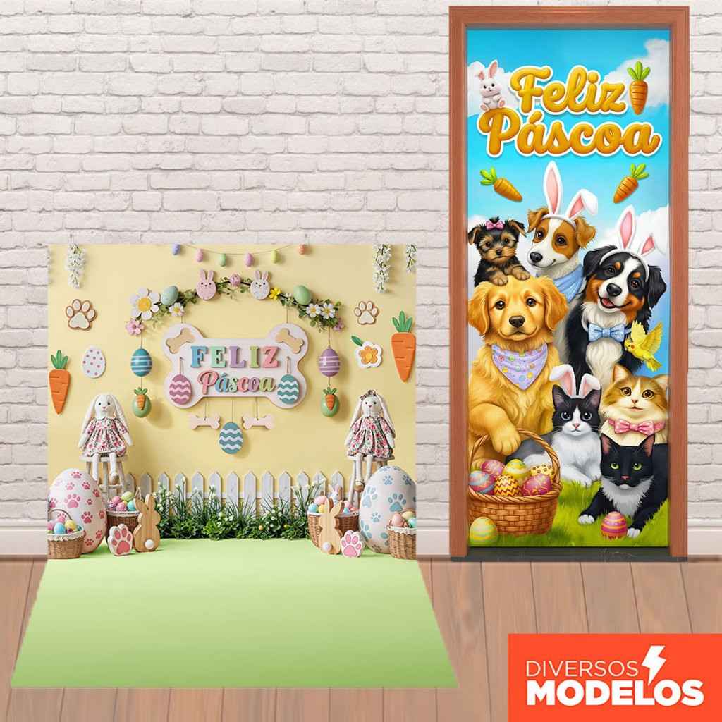 Painel Fundo Fotográfico Pet Shop Páscoa + Capa de Porta Decorativa Sublimado Em
