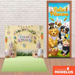 Painel Fundo Fotográfico Pet Shop Páscoa + Capa de Porta Decorativa Sublimado Em Tecido