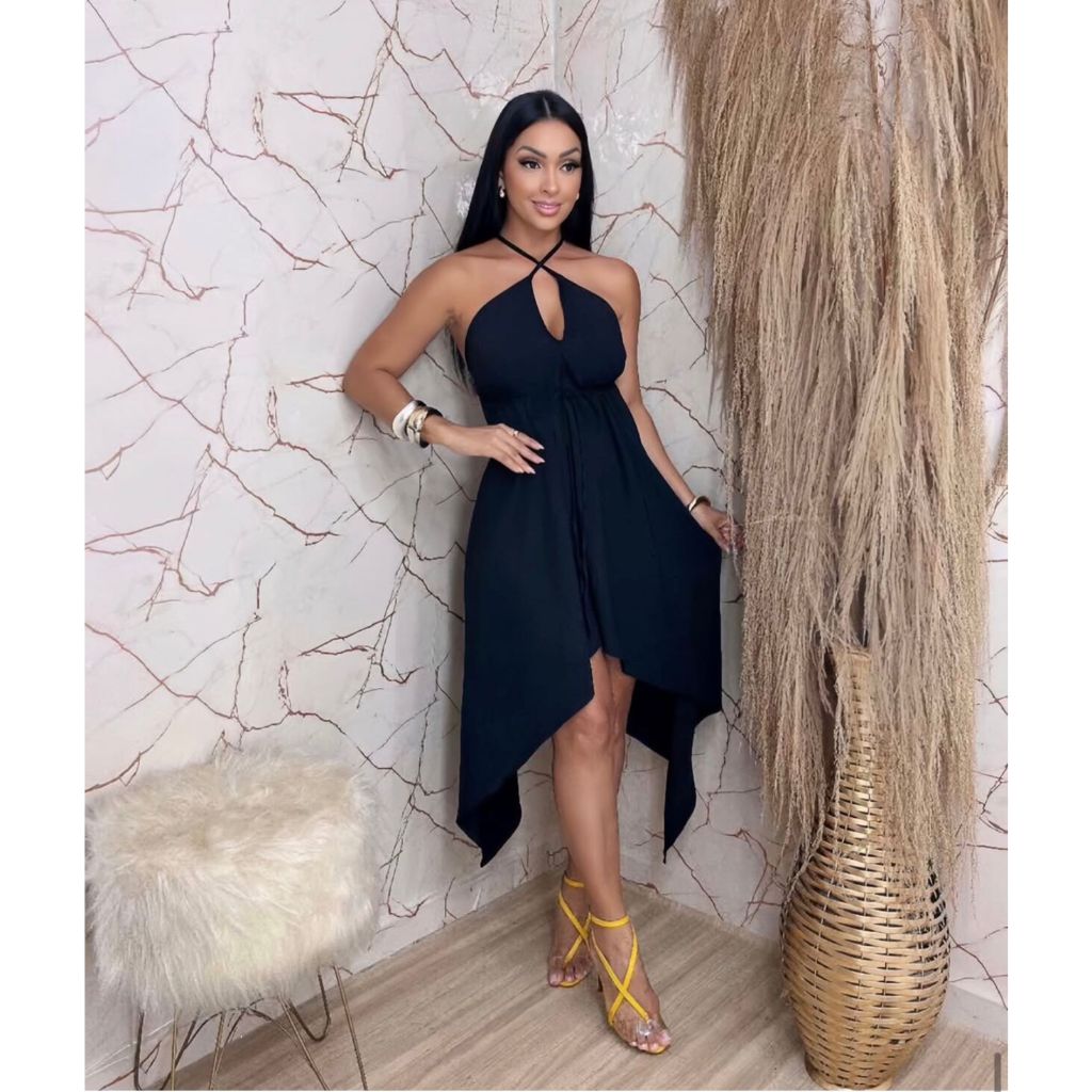 Vestido Feminino Midi Envelope Alcinha Soltinho Costa Nua Com Varias Amarrações