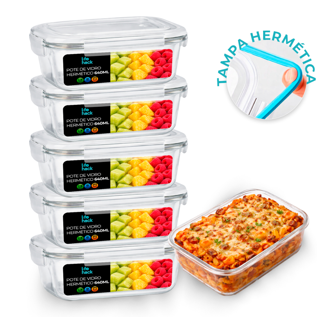 Conjunto Potes 370/640ml Vidro Hermético Mantimentos Marmita Fitness