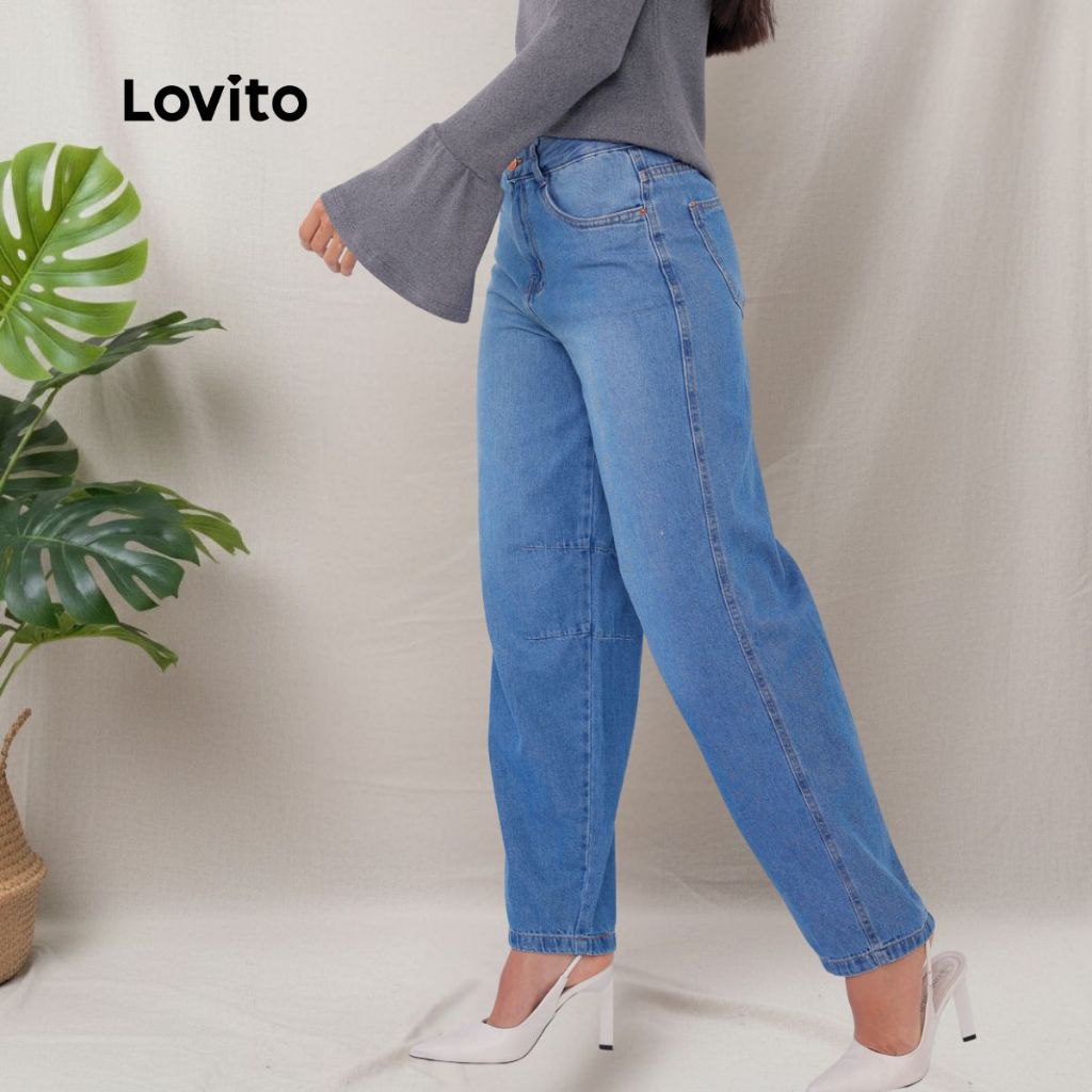 Lovito Calça Jeans Mom Casual Moda Cintura Alta Lisa para Mulheres JNB902BRL932 em Oferta na Shopee