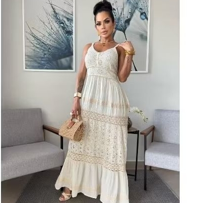 Vestido Longo Feminino em Laise Algodão Alça Fina Estilo Boho Casual Verão em Oferta na Shopee