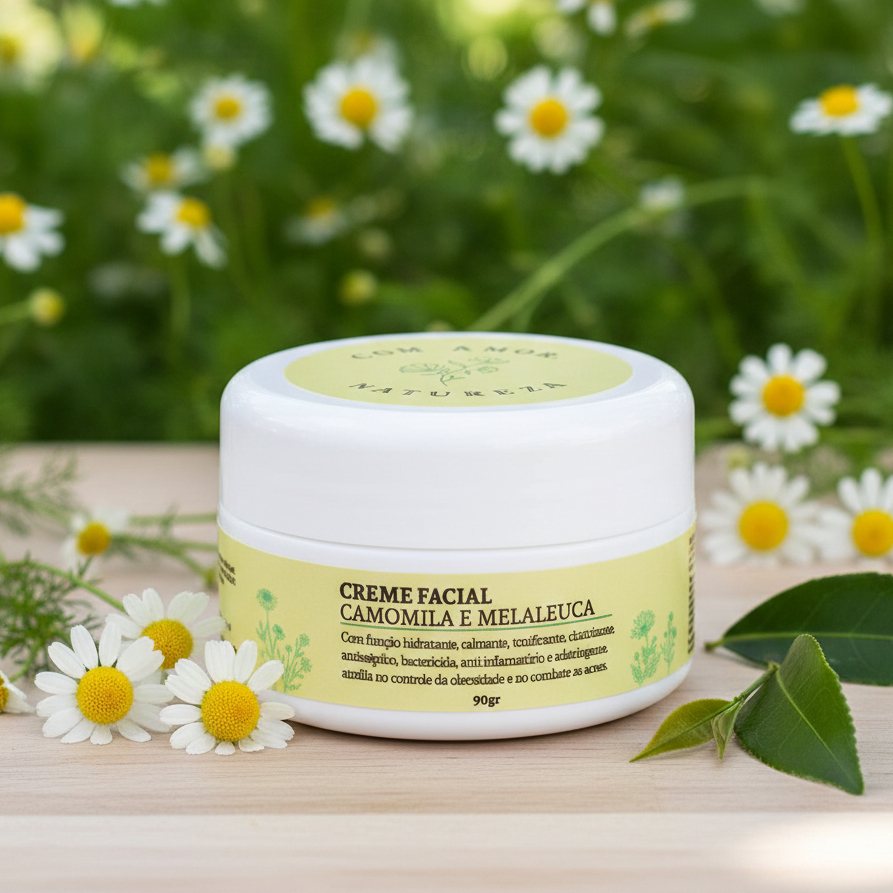 Creme Hidratante Facial Vegano – 90 g | Camomila, Melaleuca e Karité | Controle de Oleosidade