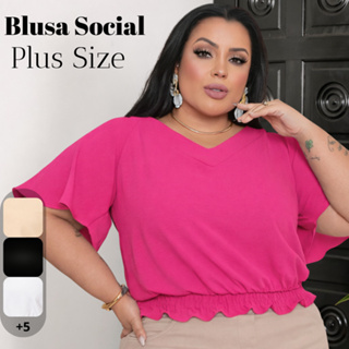 Blusinha Duna G1 Plus Size | Elástico na Barra | Gola V | Manga Soltinha | Veste 48 ao 50 em Oferta na Shopee