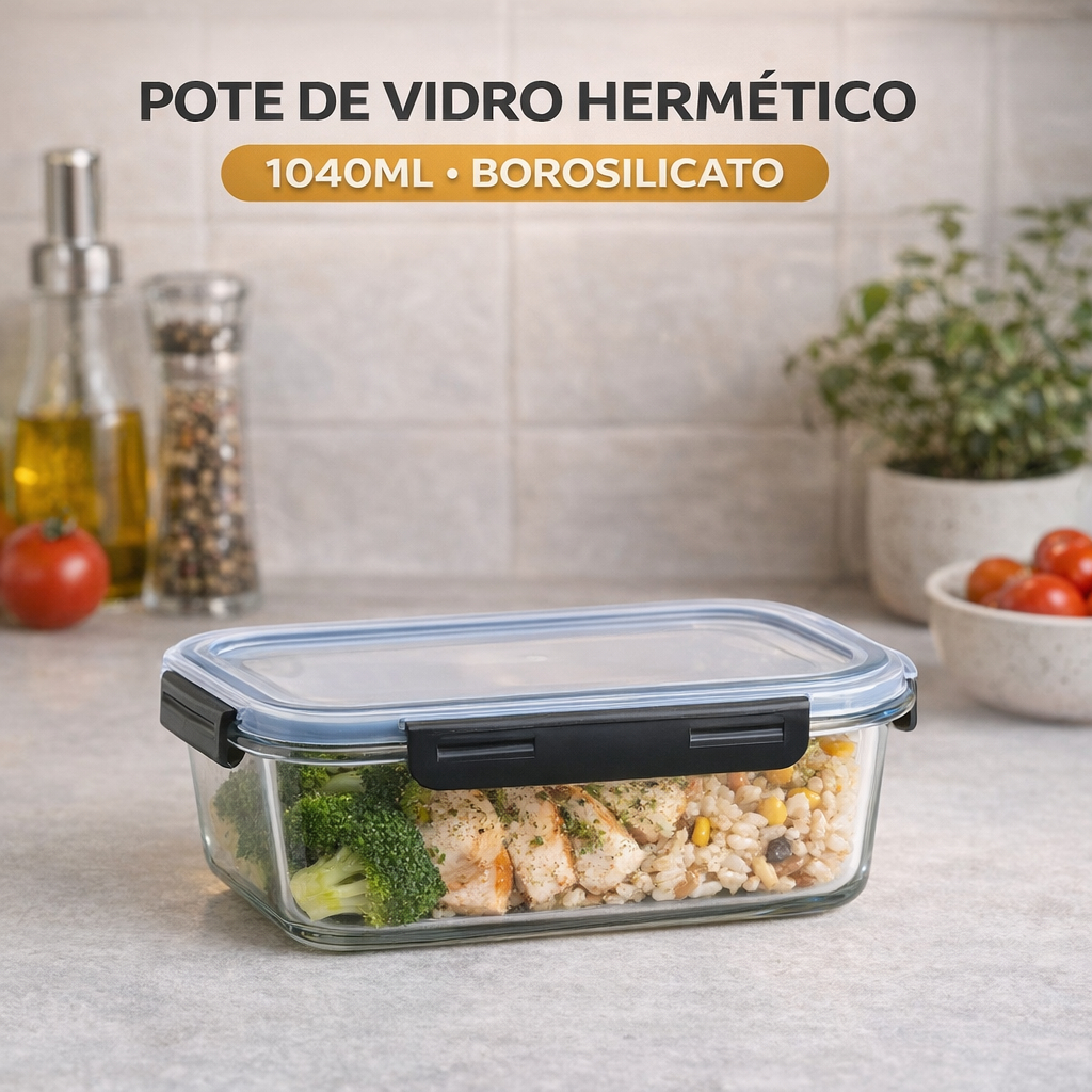 Pote Vidro Hermetico Marmita Tampa Silicone Fechamento Seguro 1040ml Pote Vidro Hermetico Marmita