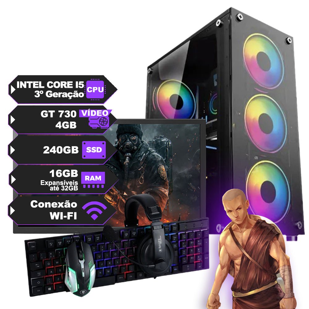 Pc Gamer Completo Intel I5 3ª, Placa Vídeo GT 730 4GB, SSD 240GB, Ram 16GB, Wi-Fi e Monitor de 20"