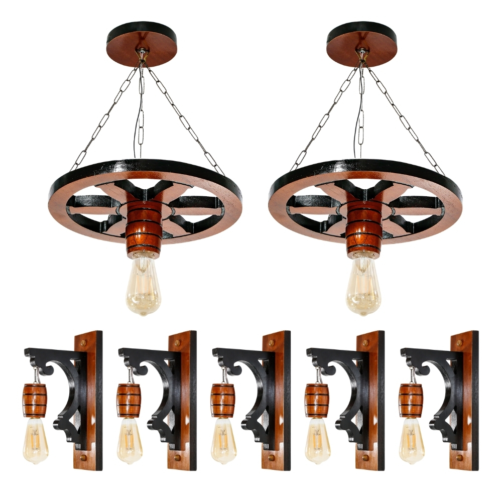 Kit 7 Luminárias Pendente Roda de Carroça e Luminárias Arandela Clássica Para Decoração - Mogno