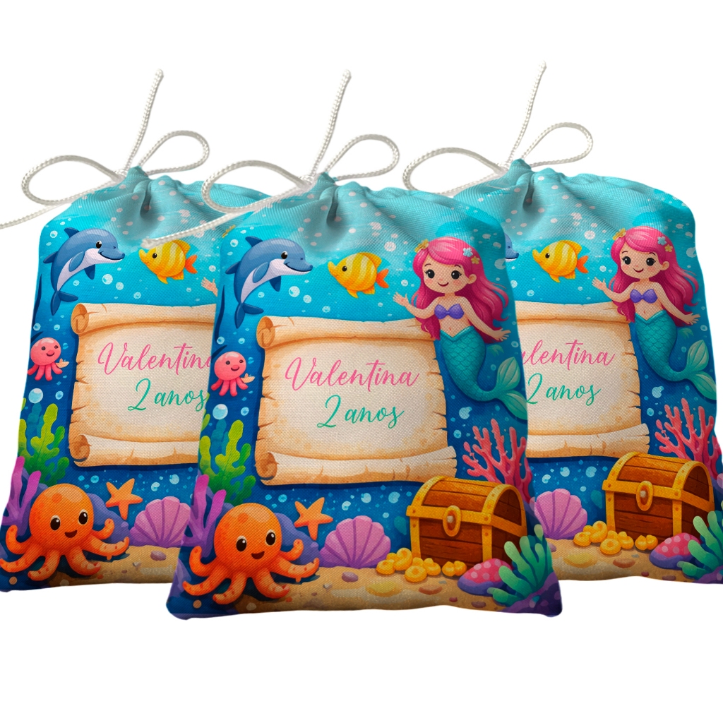 Sacolinha Lembrancinha Festa Aniversário Surpresa Tecido Personalizado Sereia Fundo do Mar