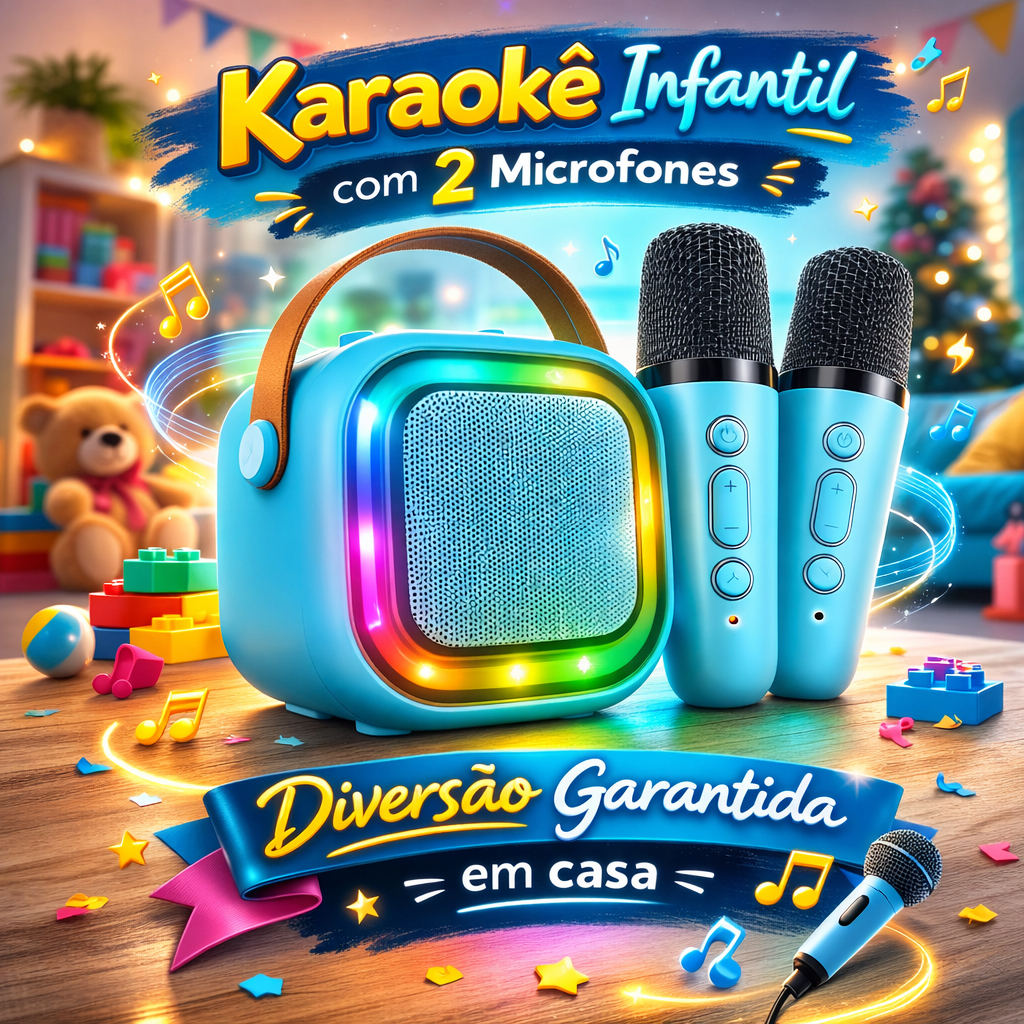 Caixinha de Som Karaokê com 2 Microfone Bluetooth Infantil - Azul