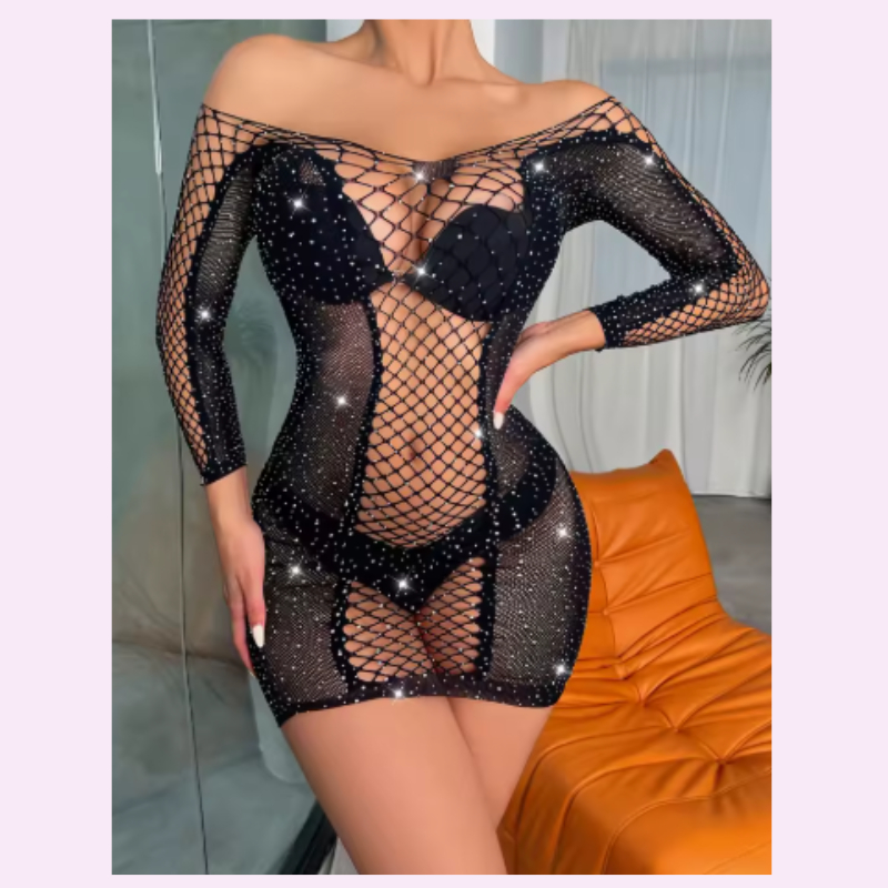 VestidoS Arrastão Feminino Brilho Sexy Manga Longa Brilho Sensual Preto Pink Baby 2652-19