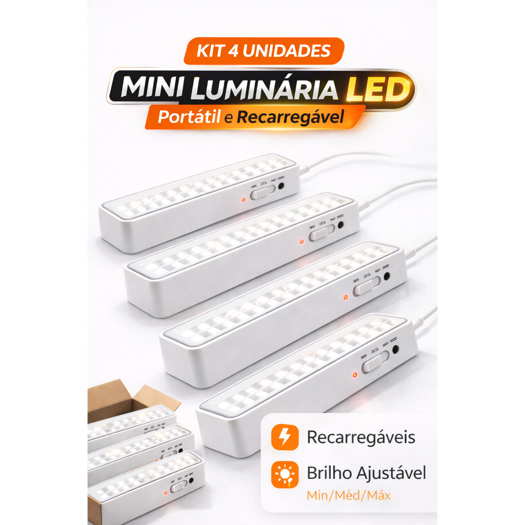 Kit 4 Luminária de Emergência Recarregável 30 Leds Bivolt Luz Branca Fria