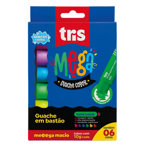 🎨 Guache em Bastão Mega Guache Color 6 Cores Neon Tris Arte Escolar Papelaria Pintura Infantil