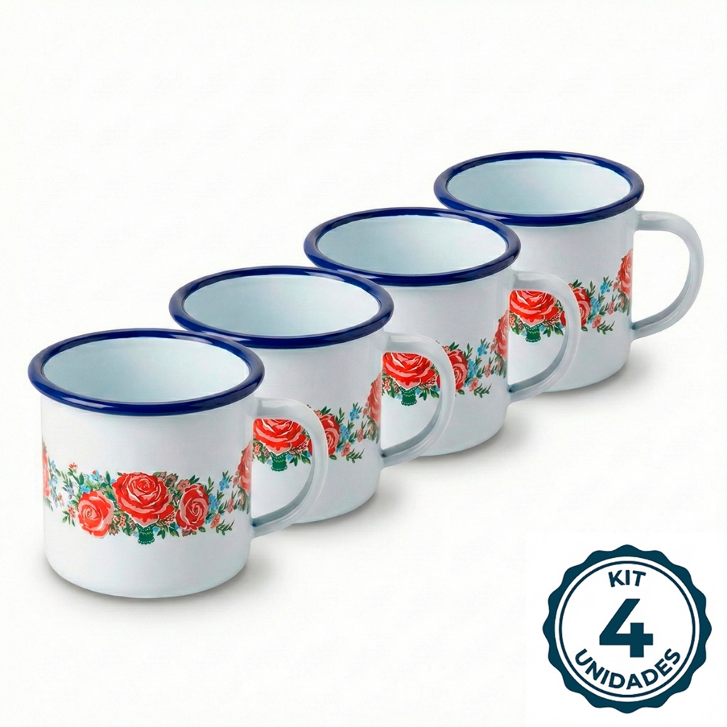 Kit 4 Caneca Esmaltada Agata Branca 150ml Nº6 Xícara Café Chá Retrô Fazenda Decoração Milla Pequena