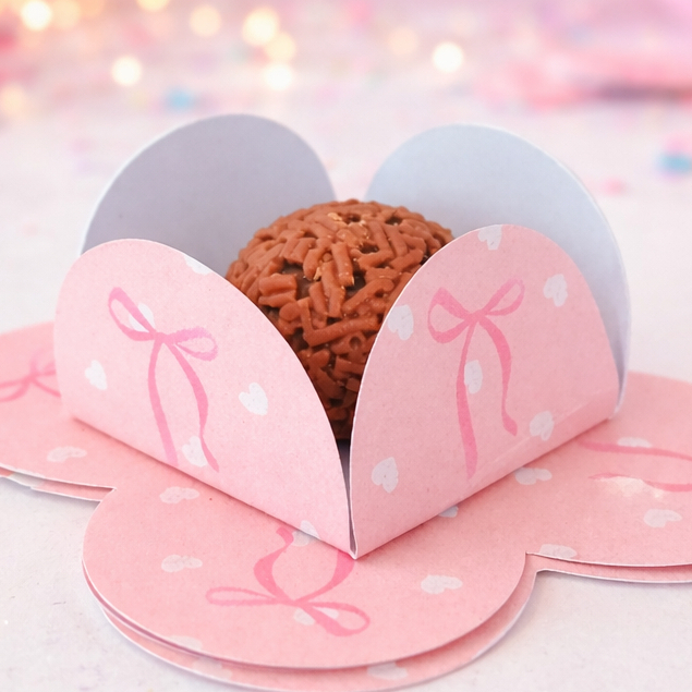 50 Forminhas de Doce Personalizadas 4 Pétalas  Brigadeiro, Festa de Aniversário, Rosa com Laço Pink