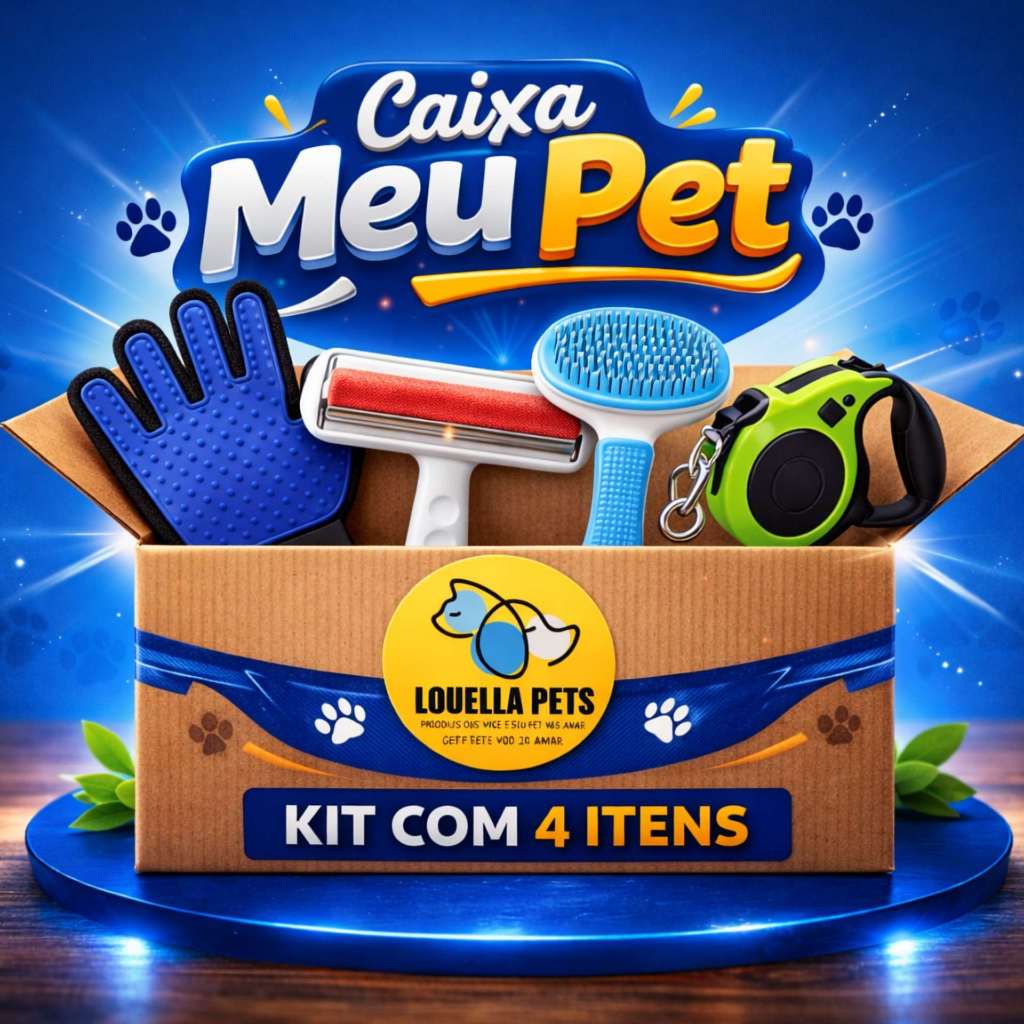 Caixa Meu Pet – Kit com 4 Itens para Cães e Gatos | Luva + Escova + Rolo Removedor + Guia Retrátil