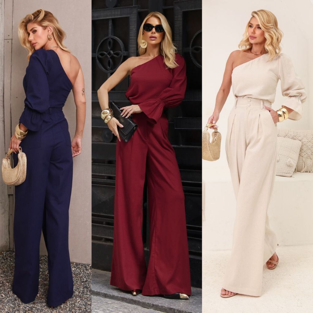 Conjunto Feminino Linho com Elastano Alfaiataria Calça Pantalona Cintura Alta Blusa Elegante